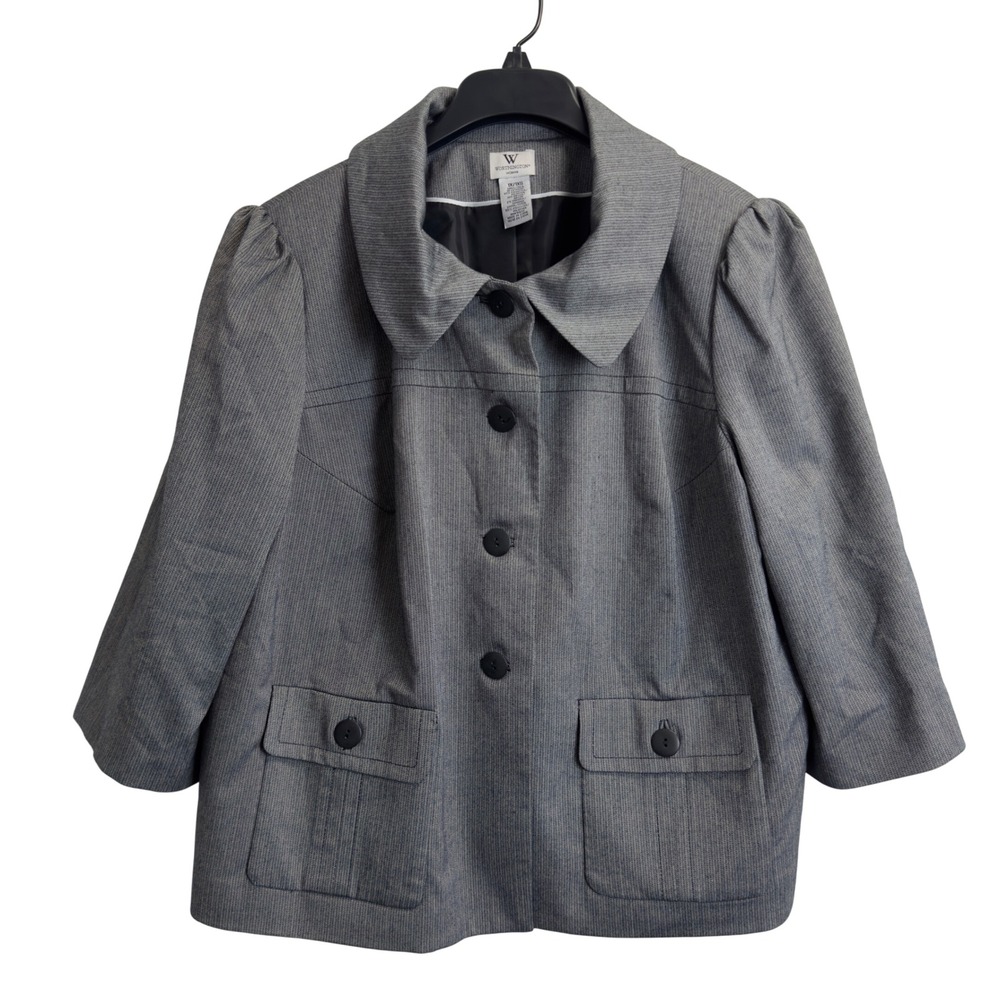 Worthington Woman 1X Grey Herringbone Blazer Jacket Peter Pan Collar‎ 3/4 Sleeve